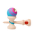 Wooden kendama toy with a colorful ball on a white background