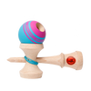 Wooden kendama toy with a colorful ball on a white background