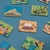 Collection of small illustrated cards on a blue background