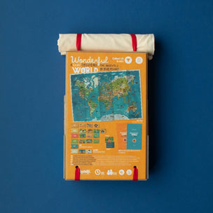 World map poster with a blue background