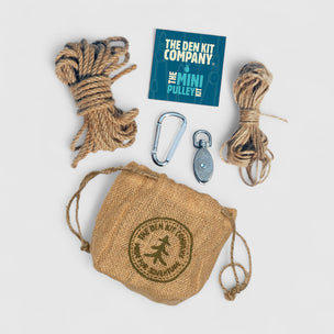 Den Kit Company mini pulley system with jute bag on a white background