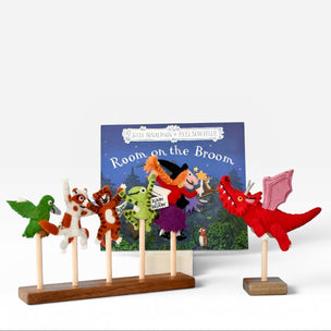 Felt puppet set with 'Room on the Broom' book in the background