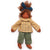 Doll wearing a yellow checkered coat and green pants on a white background
