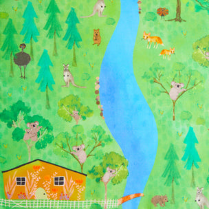 Illustration of a forest scene with animals and a house.