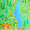 Illustration of a forest scene with animals and a house.
