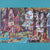 A colorful, highly detailed fantasy art print or painting depicting a whimsical village scene with houses, trees, and characters, displayed against a solid teal background.