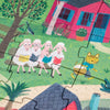 Children's puzzle with cartoon sheep and a cat in a garden setting