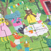Children's puzzle with illustrated animal characters at a party.