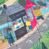 Children's puzzle with illustrated scene of a street and buildings