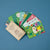 Set of colorful greeting cards with various designs on a blue background