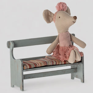 Maileg mouse bench with mouse sitting on it
