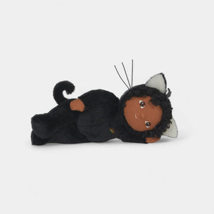 Plush toy cat with a child's face on a white background
