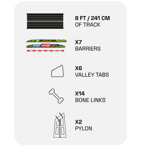 Model track set with components and specifications on a white background