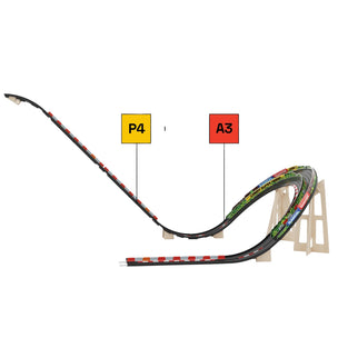 Toy race track with a curved section and labeled stands on a white background