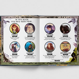 An open illustrated book spread showing character portraits and text from 'The Witch and the Wizard' by Sarah Sweeney. The pages feature circular character illustrations with names and short descriptions, surrounded by dark decorative borders and witch-themed artwork.