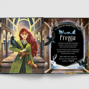 An open children's book spread showing illustrated pages about Freyja. The left page depicts a woman with long red hair in a green cloak holding a raven in an arched hall.
