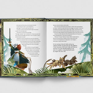 An open children's book with illustrated cover pages spread out against a light gray background. The left page shows a dark cover with the title 'The Brave Little Bird' in white text and a colorful bird illustration.