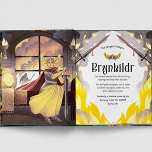 An open children's book titled 'The Helpful Valhalla' showing illustrated and text pages about Brunkildr, with a warrior figure in a yellow dress and a dramatic interior scene.