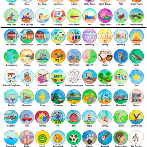 Collection of icons representing various activities and objects around the house, school, and going places.