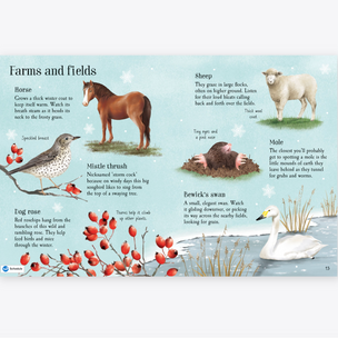Educational poster about farms and fields with illustrations of animals and plants.