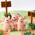 Three small pink felt pig toys stand on a green and peach fabric landscape with signposts reading 'Welcome to Hoxy Bottom FA 29' and 'PIGSTY'.