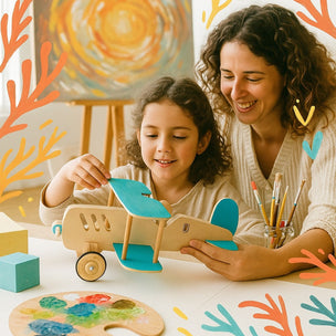 Woman and child playing with a wooden toy airplane at a table with art supplies.
