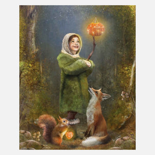A whimsical forest scene artwork showing a child in a green hooded coat holding a glowing orange lantern, with a fox and squirrel beside them in a misty woodland.
