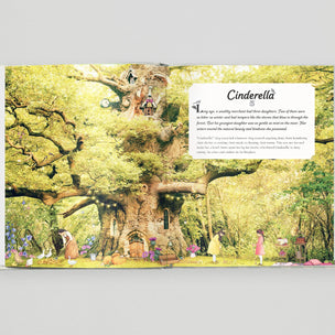 Step Inside a Fairytale- Illustrated book page with a fairy tale scene featuring a treehouse and characters in a forest setting.