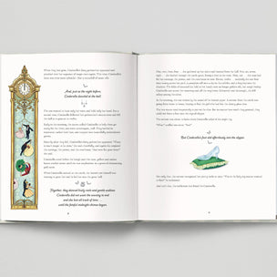 Open book with illustrated pages on a gray background