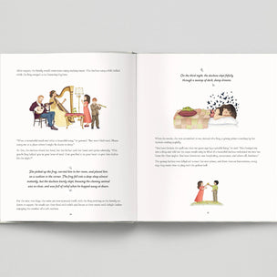 Open book with illustrated pages and text on a gray background