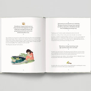 Open book with text and illustration of a girl by a pond on a gray background