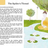 Illustrated book page with a scene of a person sitting under a tree by a stream, surrounded by trees and flowers.