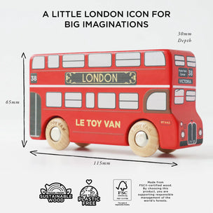 Red toy bus with dimensions and Le Toy Van branding on a white background