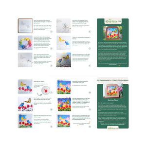 Instructions for creating a DIY transparency craft with butterflies and flowers using Tovex Relux brand products.