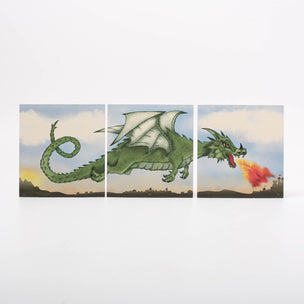 Triptych of a green dragon in various poses with a cloudy sky background