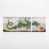 Triptych of a green dragon in various poses with a cloudy sky background