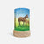 A cylindrical table lamp with a light wood base and a printed wraparound cylinder featuring a painted scene of a brown horse and foal under a blue sky with white blossoms, shown on a light gray background.