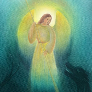 Angel with a star in a glowing aura on a textured fabric background