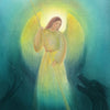 Angel with a star in a glowing aura on a textured fabric background