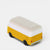 Yellow and white bus-shaped van on a light gray background