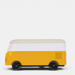 Yellow and white van- on a light gray background