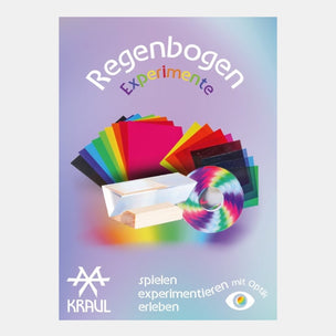 Book cover of 'Regenbogen Experimente' with colorful paper and a Kaleidoscope on a light purple background.