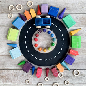 way to play road with Grimm's wooden toys