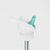 White baby seat with a turquoise handle on a light gray background