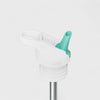 White baby seat with a turquoise handle on a light gray background