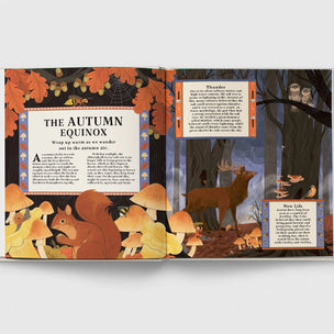 Open book showing illustrations of autumn-themed scenes with animals and nature elements.