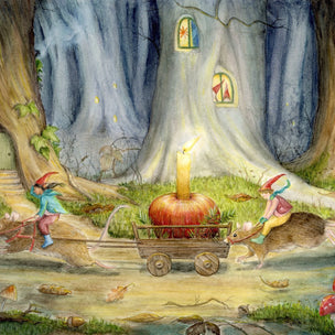 Fantasy scene with gnome-like creatures and a glowing apple in a forest setting.