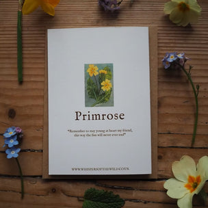 Card with 'Primrose' design and text on a wooden surface with flowers