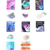 Collection of crystals and packaging with 'Mystery Crystal' text on a white background