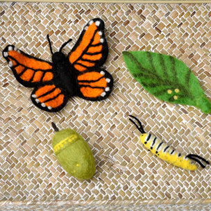 Felt butterfly, caterpillar, and chrysalis on a textured surface